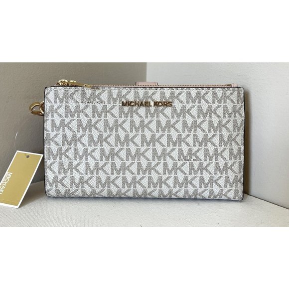 New Michael Kors Jet Set Travel Double zip wristlet wallet Vanilla Powder Blush - Picture 2 of 7